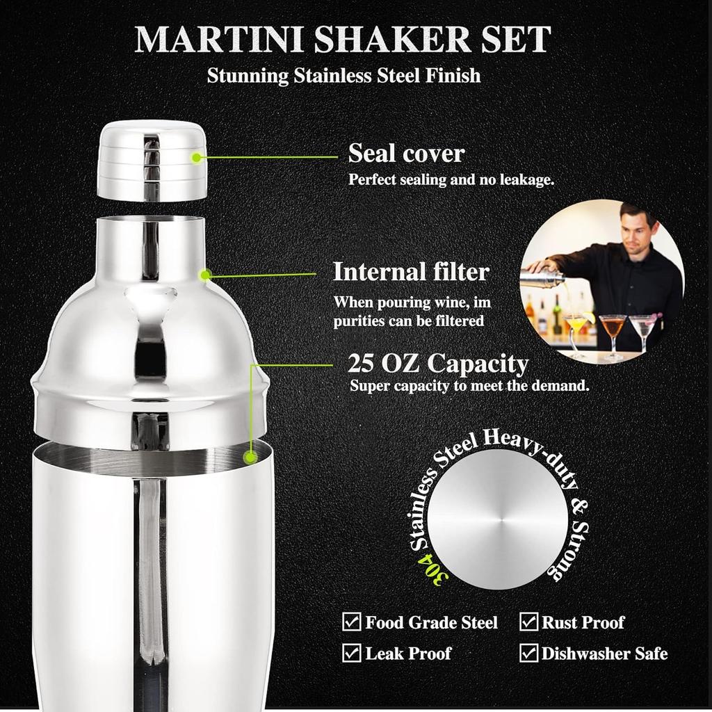 Shaker Set 23-Piece Mixology Bartender Kit, 25oz Stainless Steel Leak-Proof Sturdy Cocktail Shaker Set