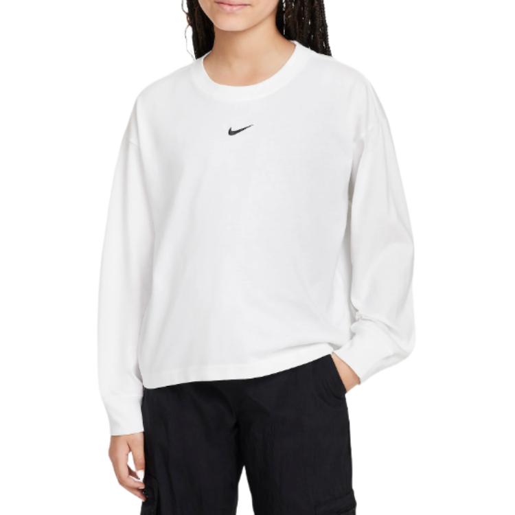 Nike Удобная мягкая хлопковая свободная футболка с длинным рукавом для детей, белые FZ5535-100