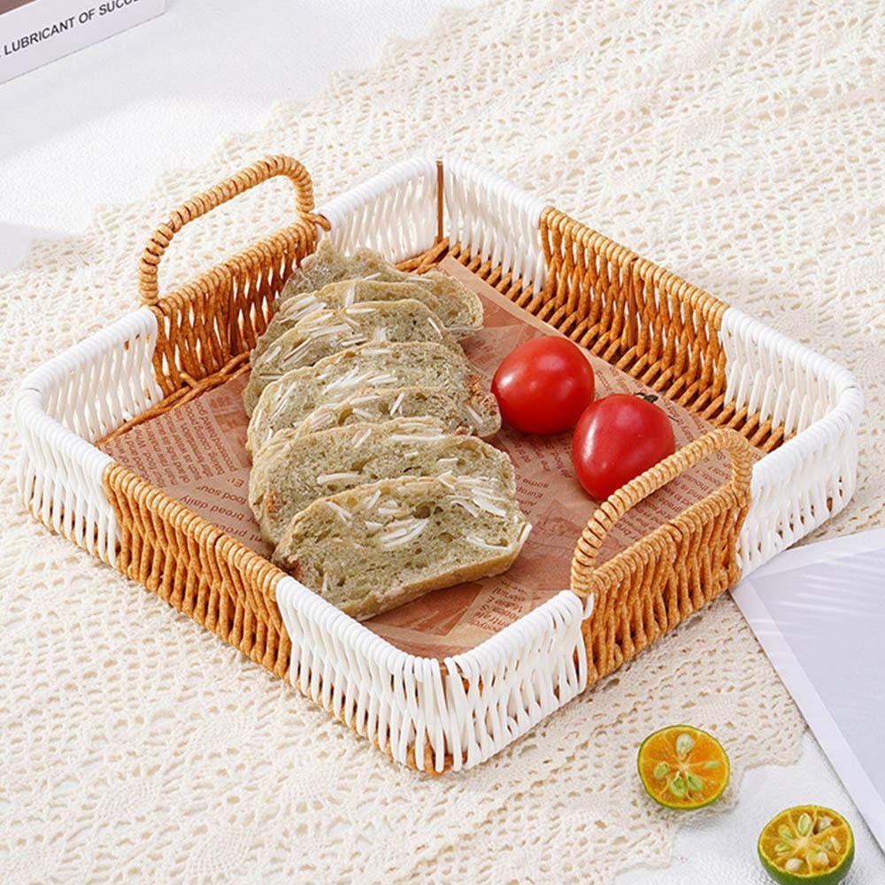 with Handles Woven Serving Basket Washable Imitation Rattan Fruit Plate Kitchen Storage