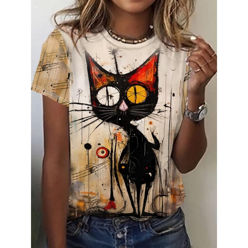Женская футболка с принтом кота Harajuku Casual с короткими рукавами Модный тренд Женская одежда больших размеров