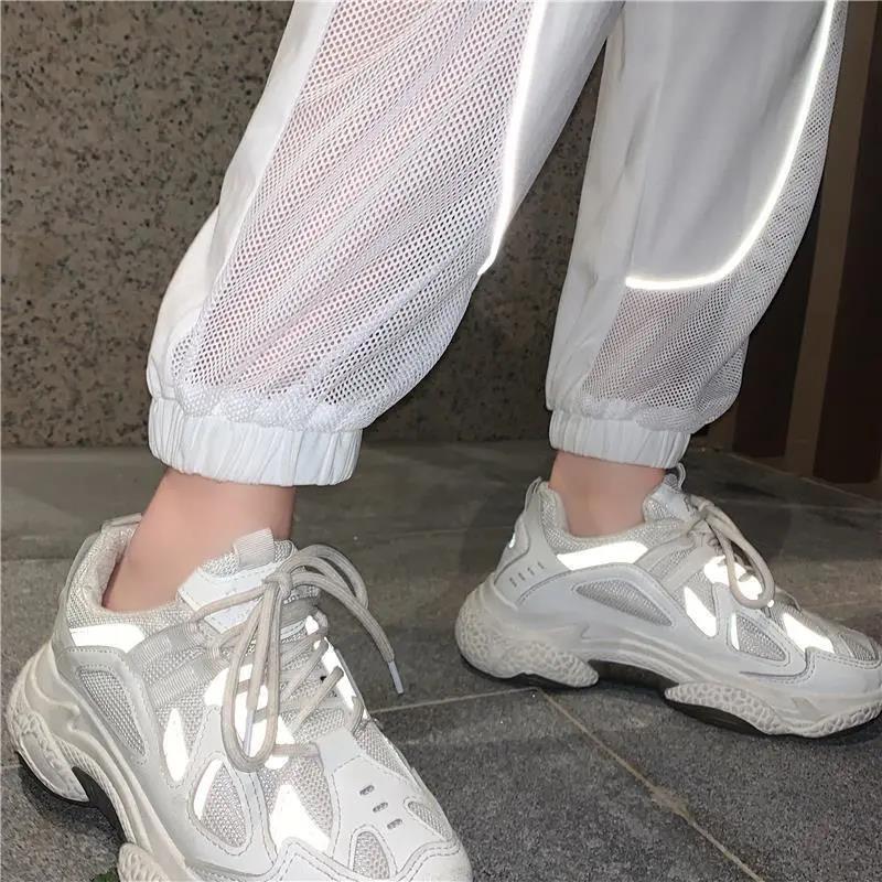 Сетчатые брюки со светоотражающими полосками, летние корейские тонкие повседневные брюки с высокой талией, женские спортивные брюки