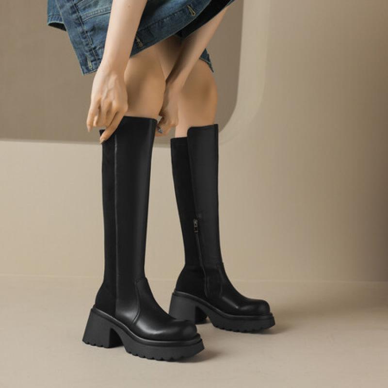 Корейская версия новых кожаных высоких сапог однотонные на высоком каблуке большого размера женские сапоги круглый носок толстая подошва боковая молния нескользящие ботинки Мартин
