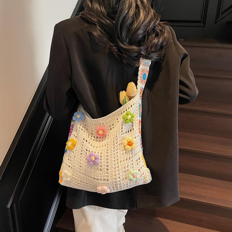 Vintage Hollow Woven Women Floral Decor Shoulder Bag Knitting Handbags Large Capacity Tote Bags For Ladies Beach Travel Shopper Purse CLE