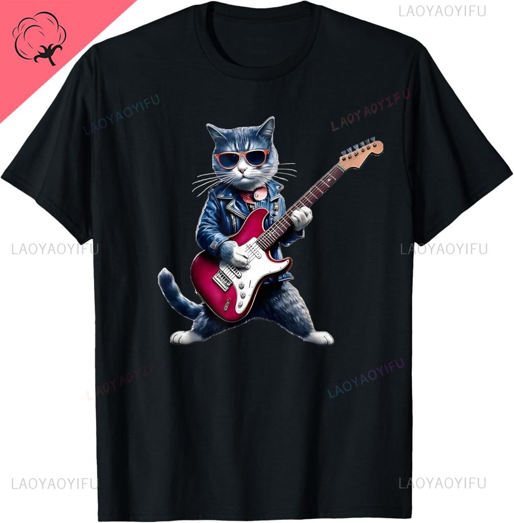 Cat Playing Guitar Rock Star Rock and Roll for Men Women T-Shirt Print Original Design Gifts T Shirts Camiseta Hombre