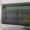 Bed Frame with LED Lighting and 2 Drawers, Single Upholstered Bed 90x200cm, Height-Adjustable Headboard, Wooden Slatted Frame, Grey (Without Mattress)