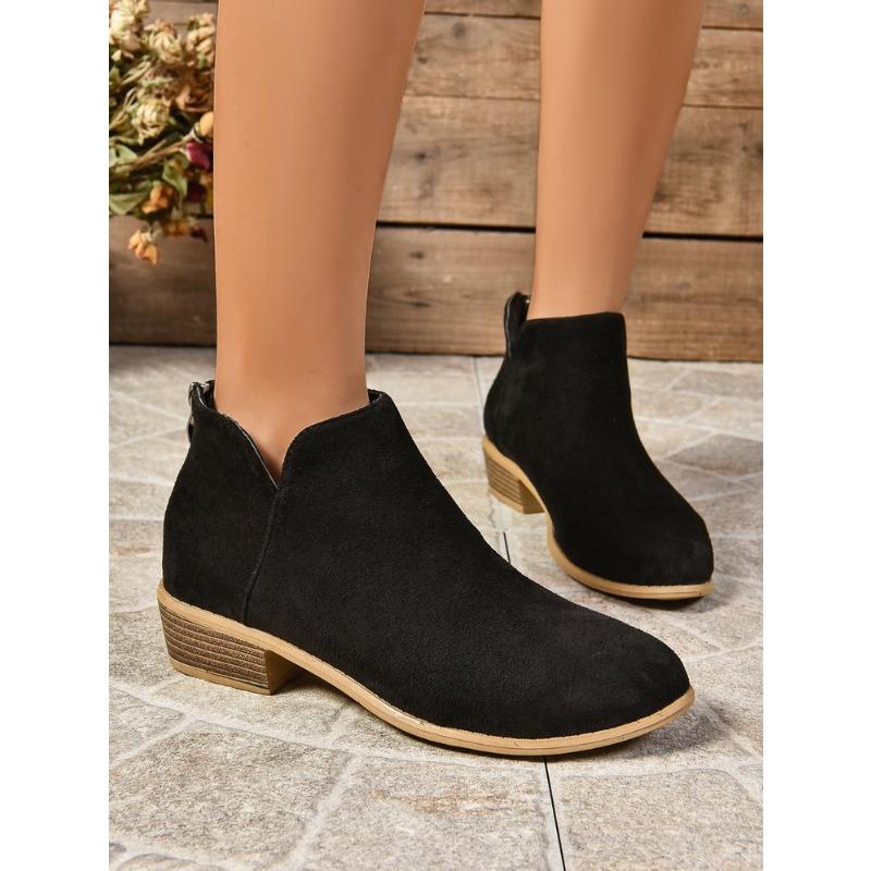 Zapatos para Mujer de Talla Grande con Estilo Británico, Color Sólido, Punta Fina, Diseño Casual, Cremallera Trasera, Tacón Bajo, Tacón Grueso, Zapatos de Mujer