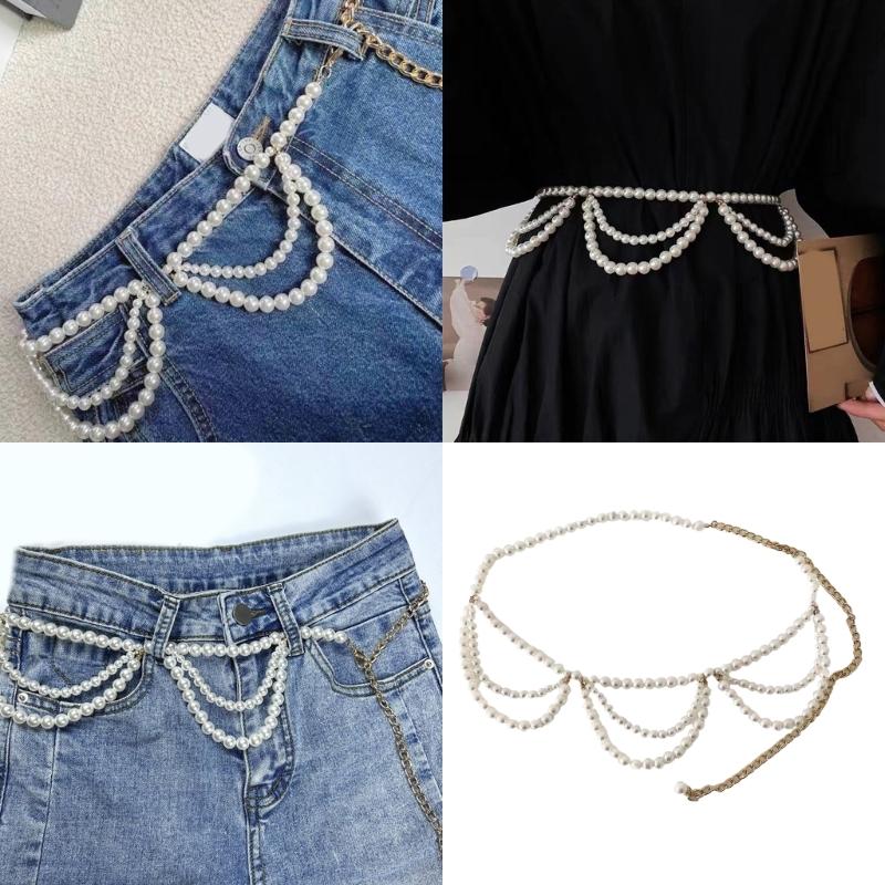 Блестящая многослойная цепочка на талию из жемчуга, регулируемая длина, для женщин, элегантный ретро ювелирный аксессуар