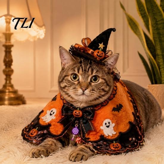 Cute Pet Apparel Halloween Cat Witch Costume, Ghost Cloak, Funny Adjustable Clothing Festival Outfit, Kitty Cosplay Cape for Holiday Party Accessories