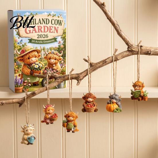 Family Interaction Toys Highland Cow Garden Advent Calendar 2026, 24 Day Christmas Countdown with 2D Creative Gift for Gardeners Acrylic Collectible