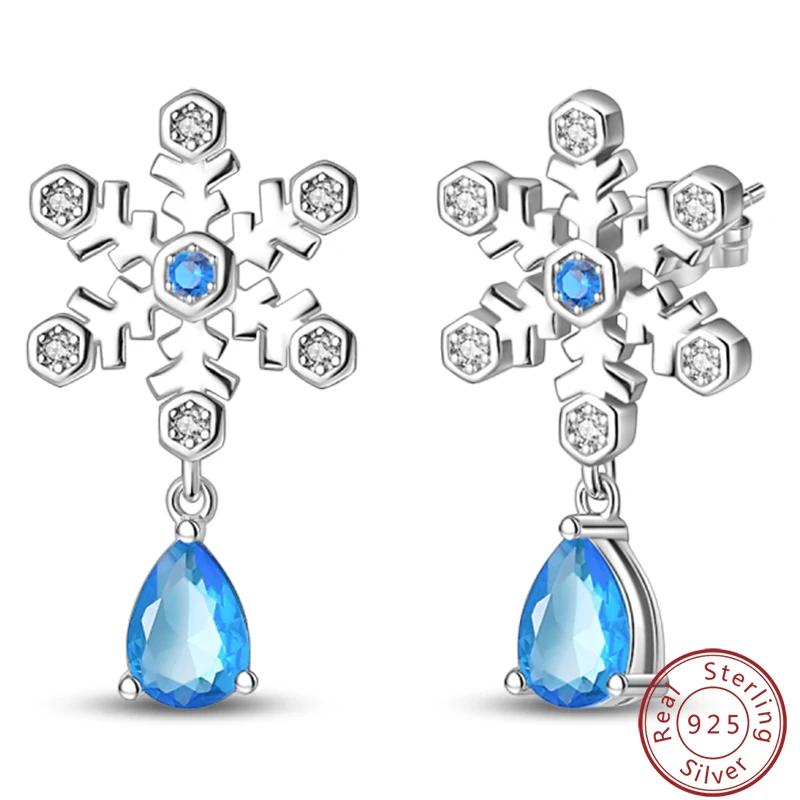 Women's Romantic 925 Silver Snowflake Star Shining Zircon Christmas Winter Earrings Fit Wedding Party Exquisite Jewelry