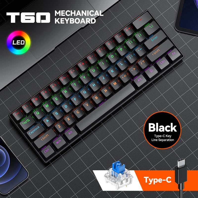 Механическая игровая проводная клавиатура T60, 61 клавиша, с возможностью горячей замены, RGB-подсветкой, мультимедийными клавишами, для ноутбука/ПК