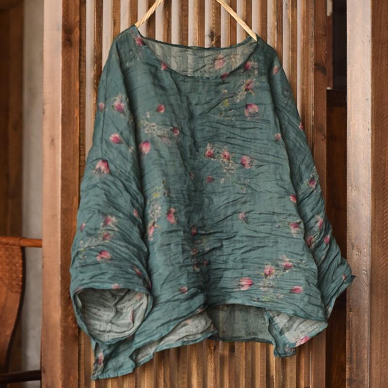Johnature Women Vintage Print Floral T-Shirts O-Neck Long Sleeve Spring Loose Women Chinese Style T-Shirts