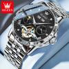 OLEVS Brand Luxury Tourbillon Watch for Men Stainless Steel Waterproof Calendar Fashion Moon Phases Blue Mechanical Watches Mens