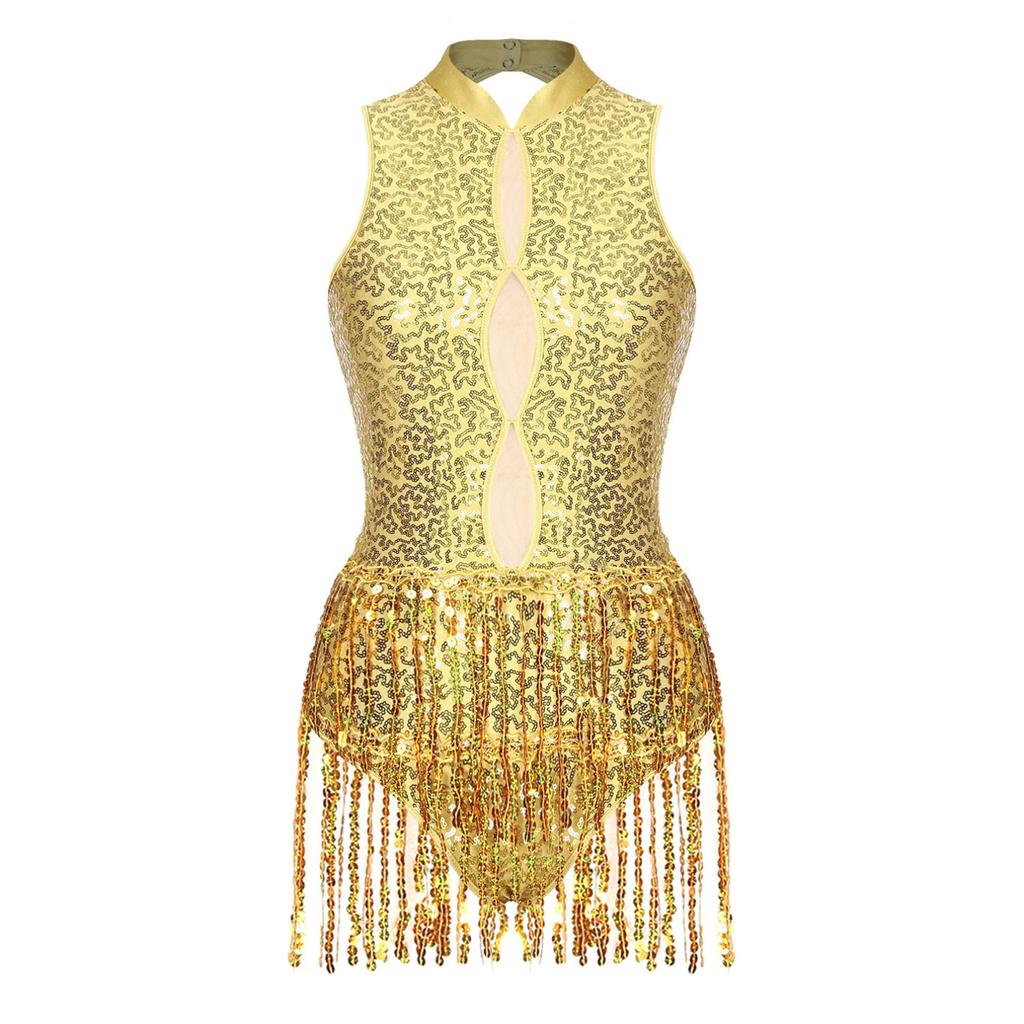 Women's Shiny Sequins Tassel Latin Jazz Dance Leotard Backless Fringed Bodysuit Lyrical Dance Costume