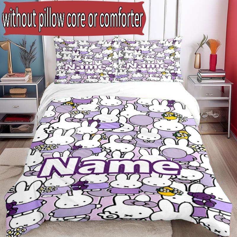 3pcs Duvet Cover Set (1*Duvet Cover + 2*Pillowcase, Without Core), Custom Name Miffy Pattern Bedding Set, Home Bedroom Decor Gift