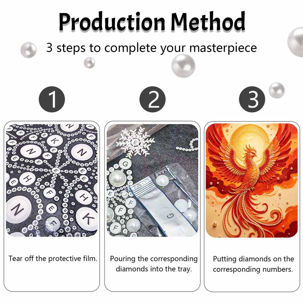 Phoenix pearl painting kit features 5D pearls and a mystic bird mosaic art style. perfect for elegant home wall decoration.