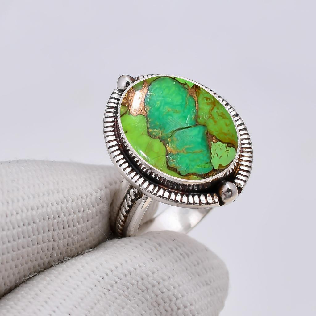 Copper Green Turquoise 925 Sterling Silver Ring V5079, Green Ring, Oval Ring, Valentin's Day Gift, Gift For Her, Birthday Gift, Handmade Jewelry, Silv