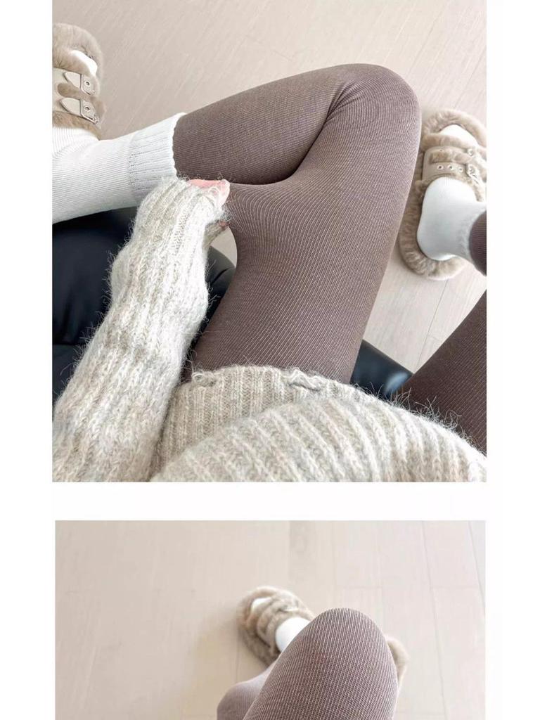 Женские леггинсы цвета овсянки с флисовой подкладкой: Теплые и стройнящие колготки осенне-зимнего уличного стиля для 2025 года