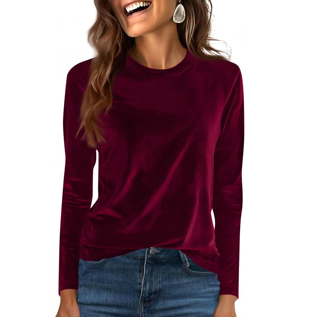 Women's Fashion Golden Velvet Solid Colour Round Neck Long Sleeve T-Shirt Top