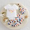 Baby Cute Alphabet Short Sleeve Cotton Bodysuit With Chick Print Pants and Hat Outfit Set