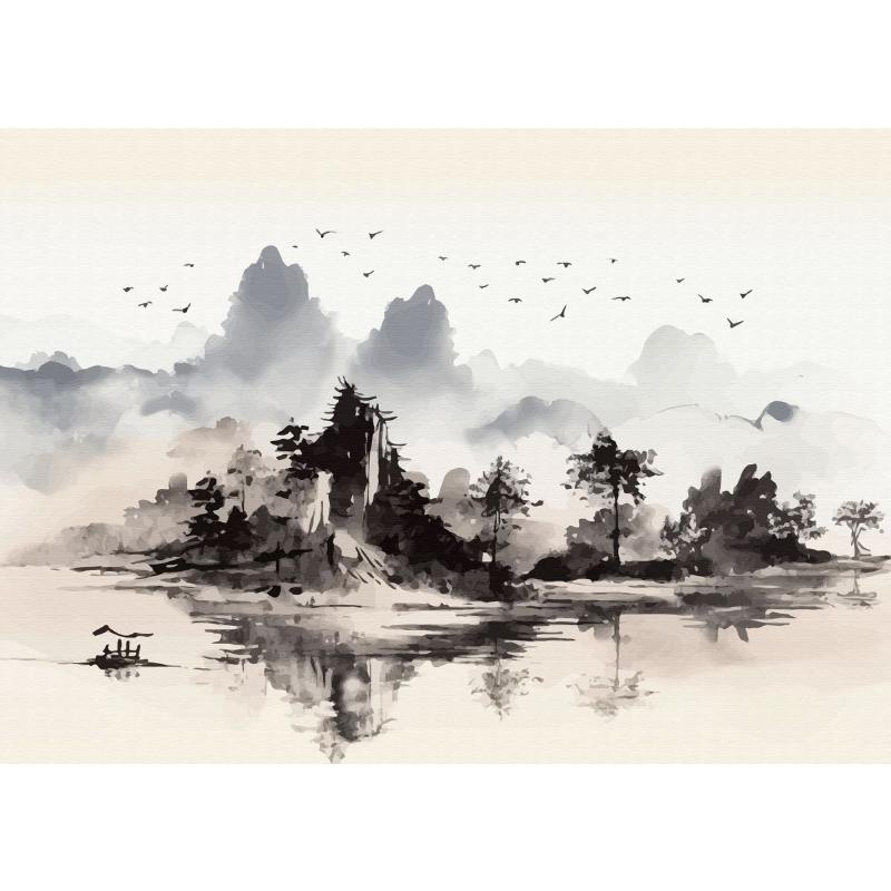 Китайский пейзаж Пара Птицы Лес Гора Река Кои Карп Рыба Искусство Плакат Печать Картина на холсте Настенная картина Декор для дома
