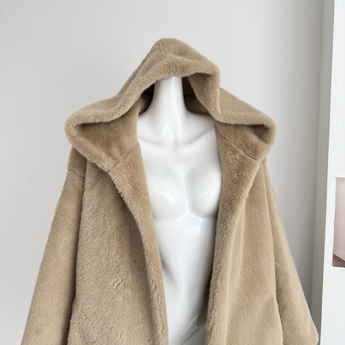 2025 Winter Brown Woolen Retro Coat Woman Harajuku Hooded Warm Casual Fur Jacket Female Solid Korea Fashion Vintage Chic Outfits