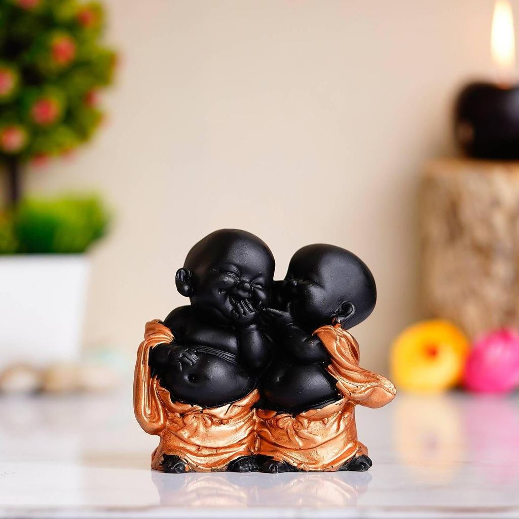 Handcrafted Resine Little Laughing Buddha Showpiece for Home and Office Decorative Showpiece - 11 Cm (Polyresin, Black)