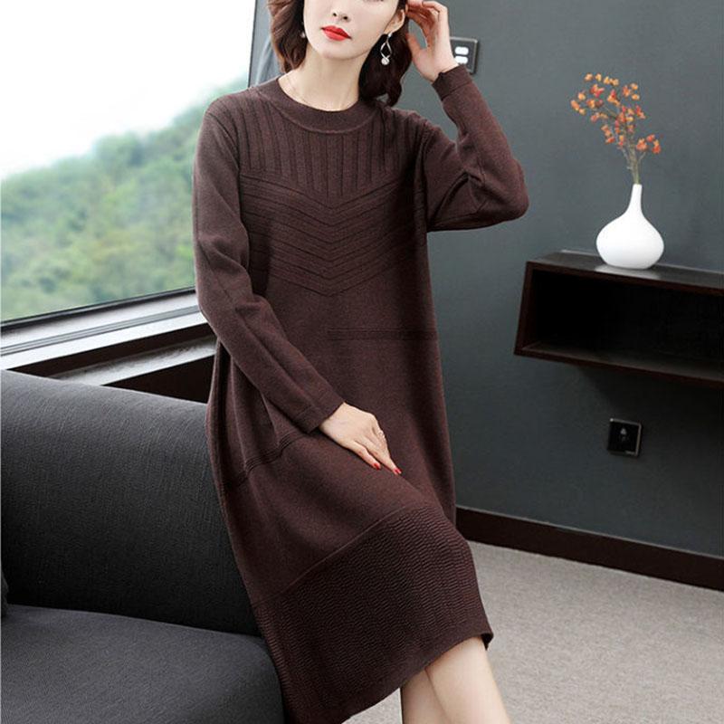 Large Size Knitted Dress In The Long Section Was Thin Temperament Base Dress Pure Color Simple Middle-aged Women Sweater Dress