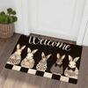 1pc 2D Flat Vintage Rabbits Welcome Text Checkered Border Flannel Door Mat Non Slip Easter Decor Rug For Entryway Floor