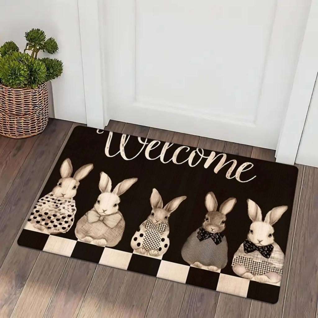 1pc 2D Flat Vintage Rabbits Welcome Text Checkered Border Flannel Door Mat Non Slip Easter Decor Rug For Entryway Floor