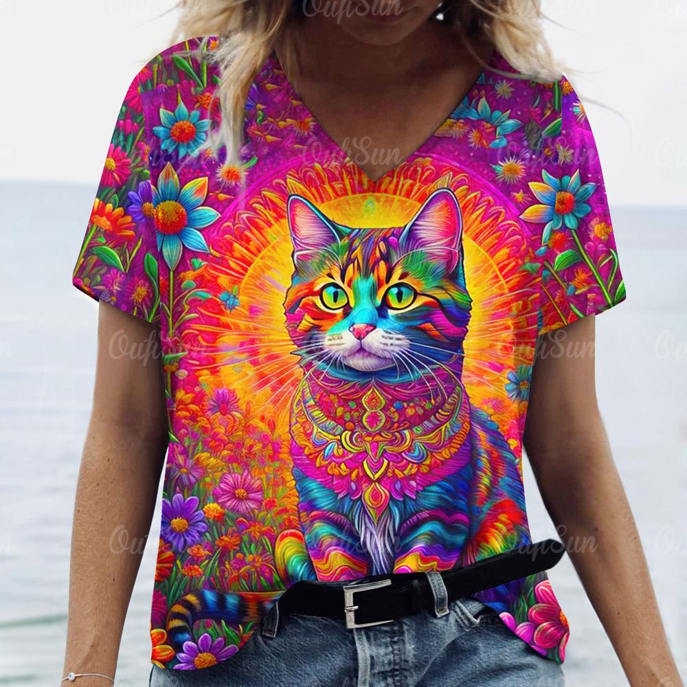 Летняя мода Женская одежда Футболки с коротким рукавом и V-образным вырезом Женская повседневная футболка с принтом животных