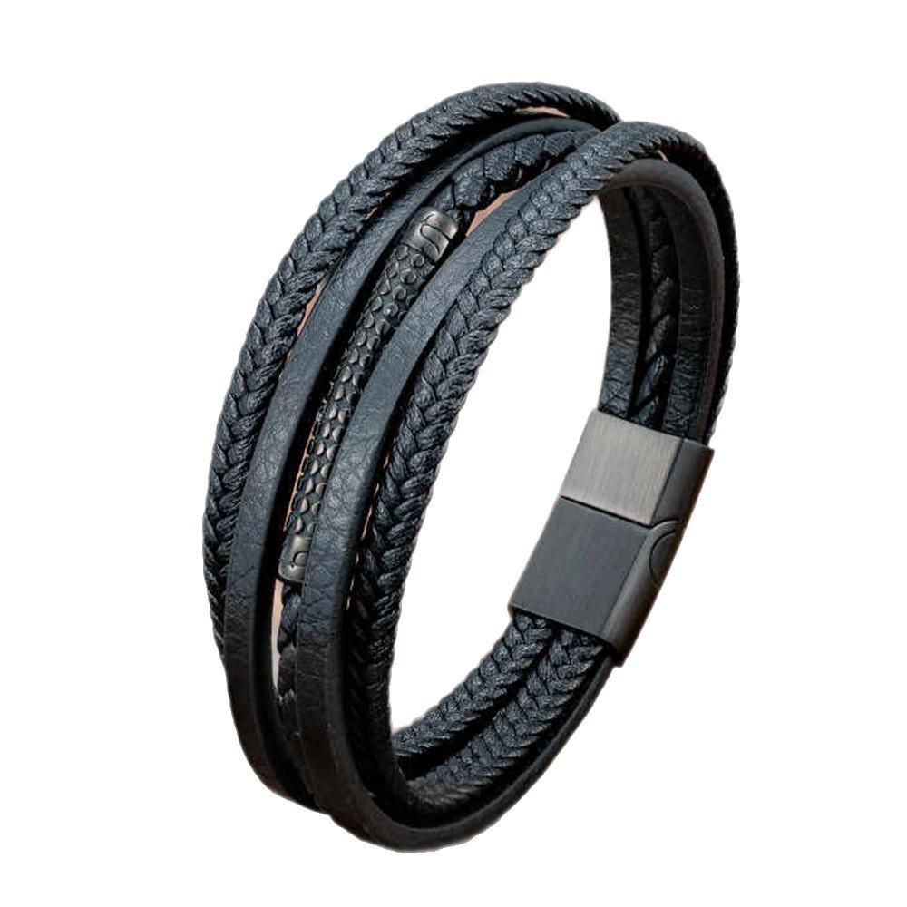 Black Leather Rope Cowhide Men's Double Layer Genuine Leather Woven Bracelet Handmade Multilayer Leather Bracelet