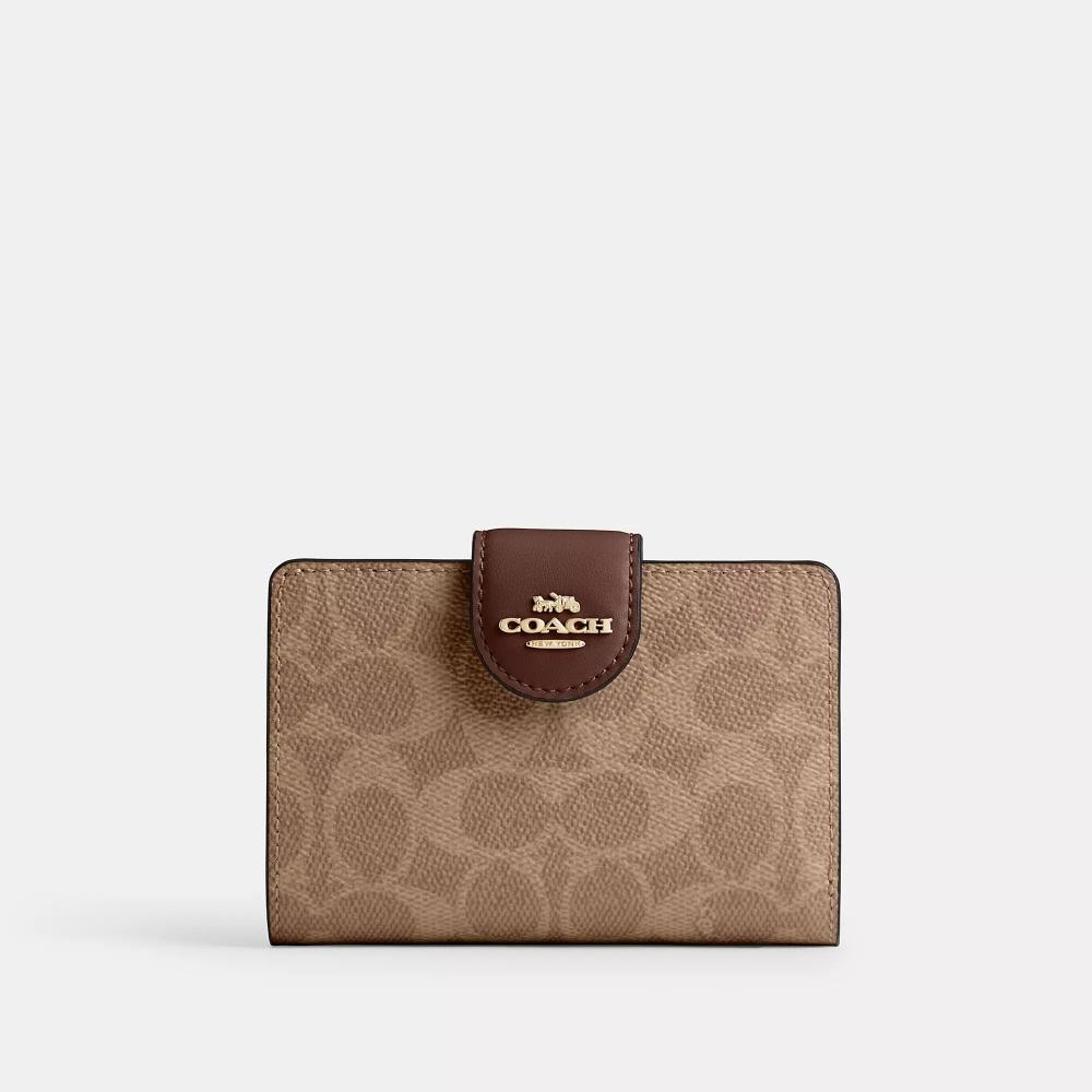 Coach Medium Corner Zip Wallet In Signature Canvas Gold Tan Brown