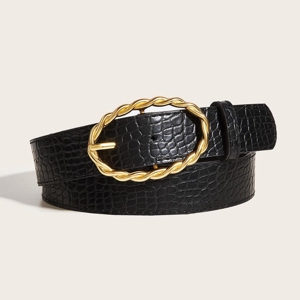 Grain Stone Womens Pu Leather Belt With Twists Oval Metal Buckle Everyday For