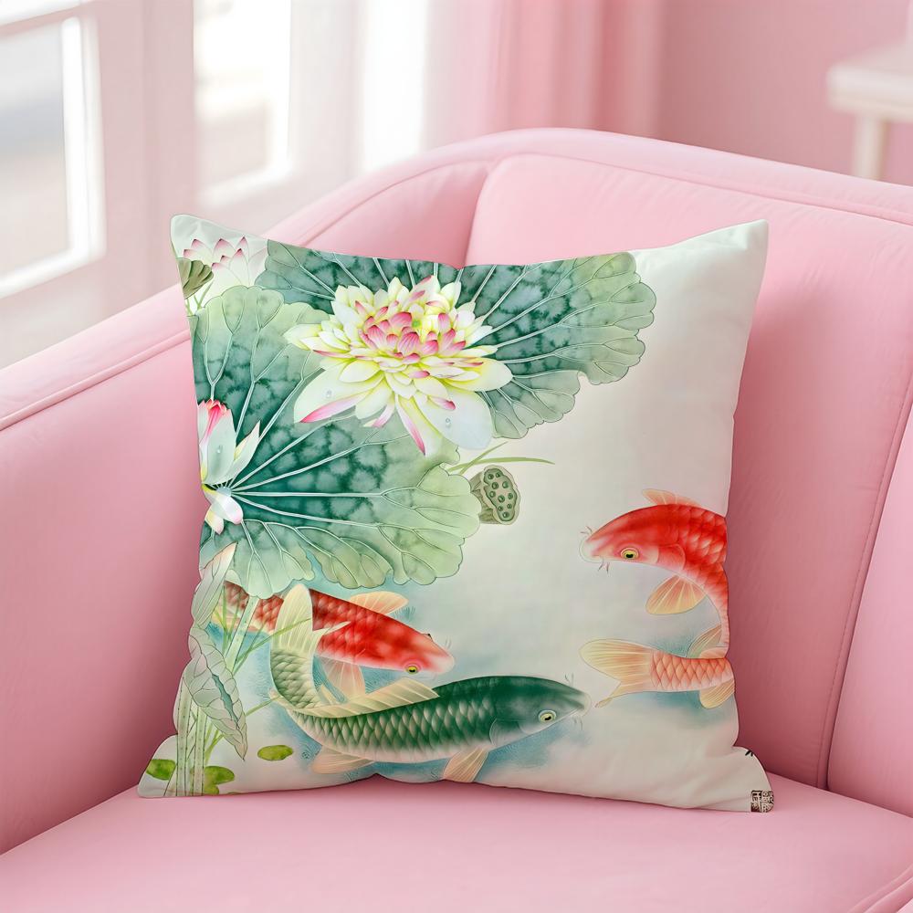 Natural Fun Koi Fish lotus Cushion Cover Pillow Case Soft Skin Friendly Fabric Concealed Zipper