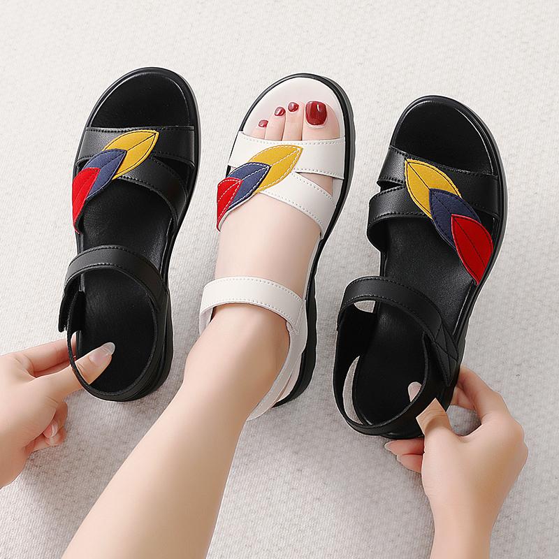 Women Beige Sandals Casual Soft Comfortable Flats Shoes Black Flower Simple Open Toe Sandals for Mother