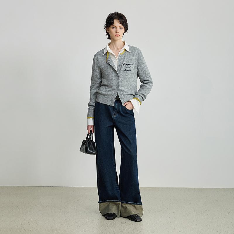 LILY contrasting round neck gray knitted cardigan