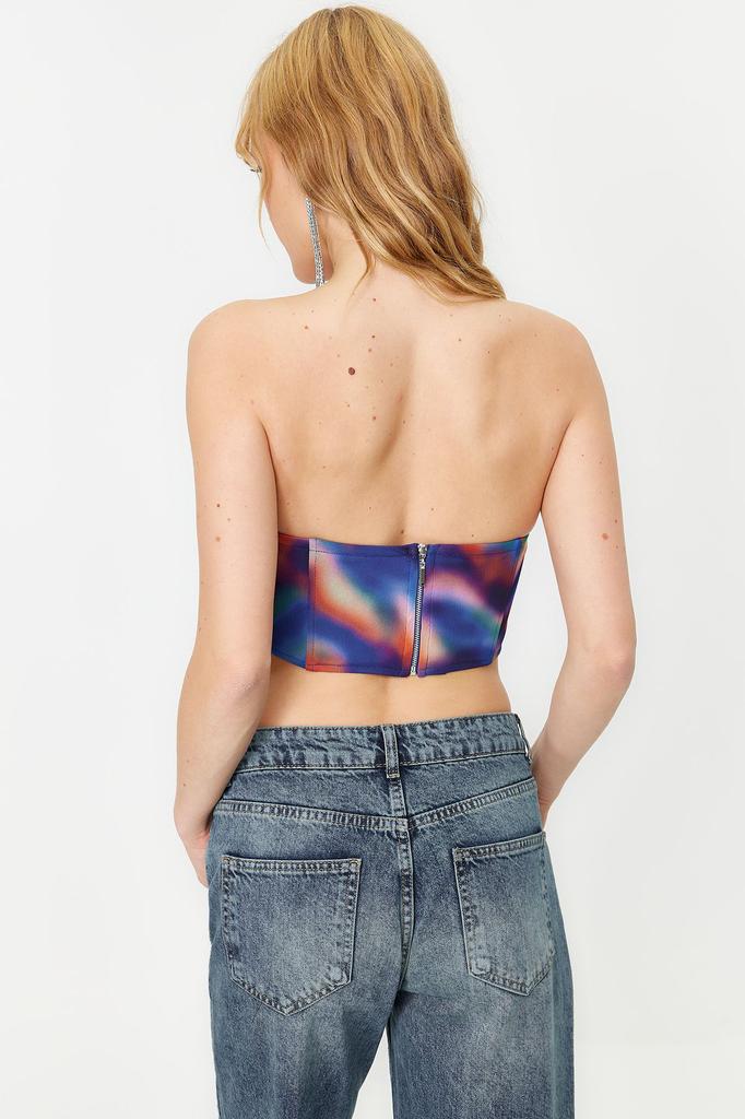 Women's Fashion New Bustier Blue-Multicolor Floral Printed Tulle Bustier