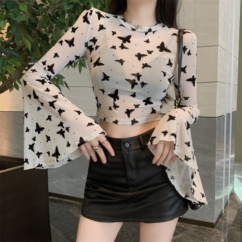 Футболка с длинными рукавами и рисунком в виде рогового рукава, женская летняя короткая футболка с принтом бабочек Spicy Girl