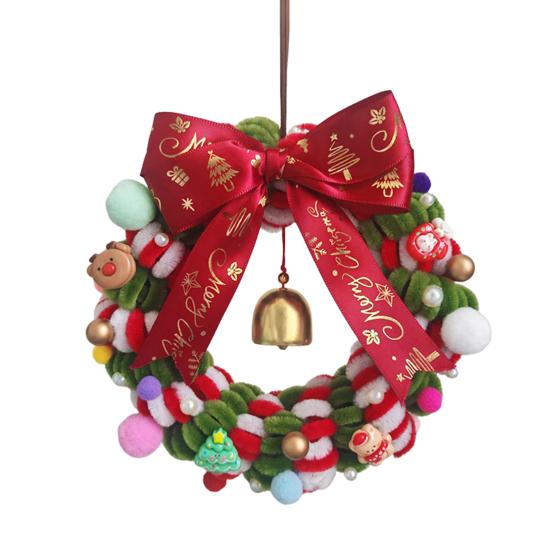 1 Набор Рождественский венок с красным, зеленым синелем, колокольчиком, подвеской Санта, оленем, лентой, сделай сам, ручная работа, елка, праздничная вечеринка, подвесное украшение для венка