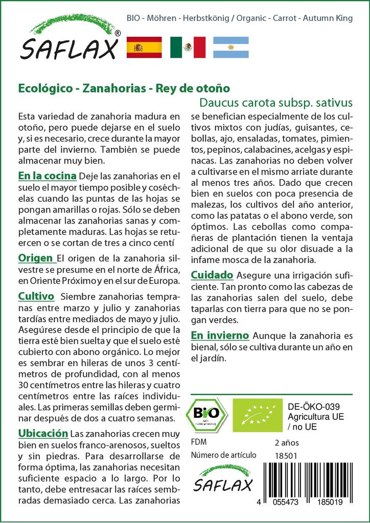 SAFLAX Garden in the Bag - Органический - Морковь - Король Осени - 1000 семян - С субстратом в подходящем мешке-стойке - Daucus carota