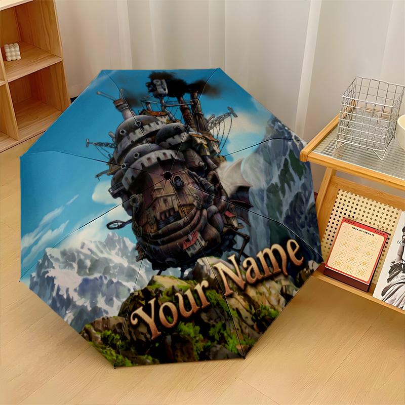 Custom Text Automatic 8 Bone Umbrella, Portable Sun Rain Protection UmbrellaHowl's Moving Castle