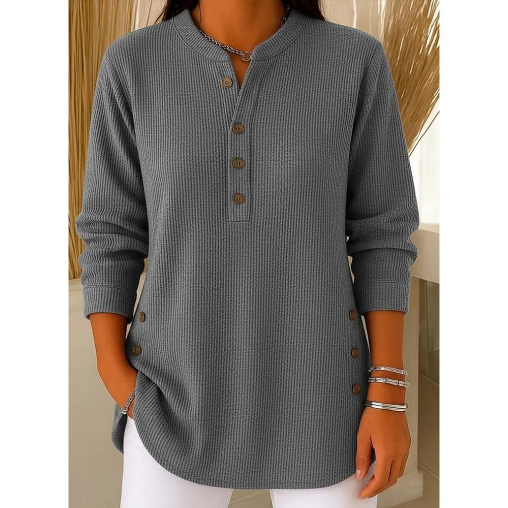 Осень Зима 2025 Новая Женская Однотонная Свободная Футболка Топ с V-образным вырезом на пуговицах и длинным рукавом в стиле кэжуал для Европы Америки