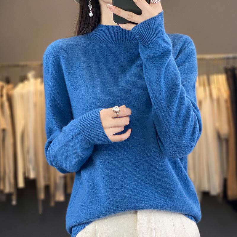 Women's Seamless Wool Sweater: Autumn/Winter Half-High Neck, Loose Fit, Knitted Base Layer