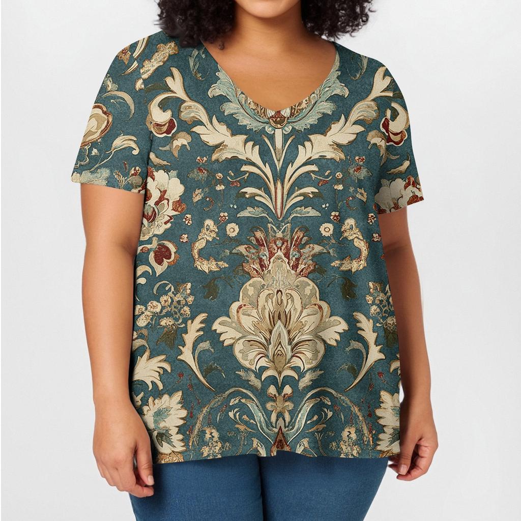 Женская мода повседневный пуловер с V-образным вырезом короткий рукав большой размер винтажный принтованный топ