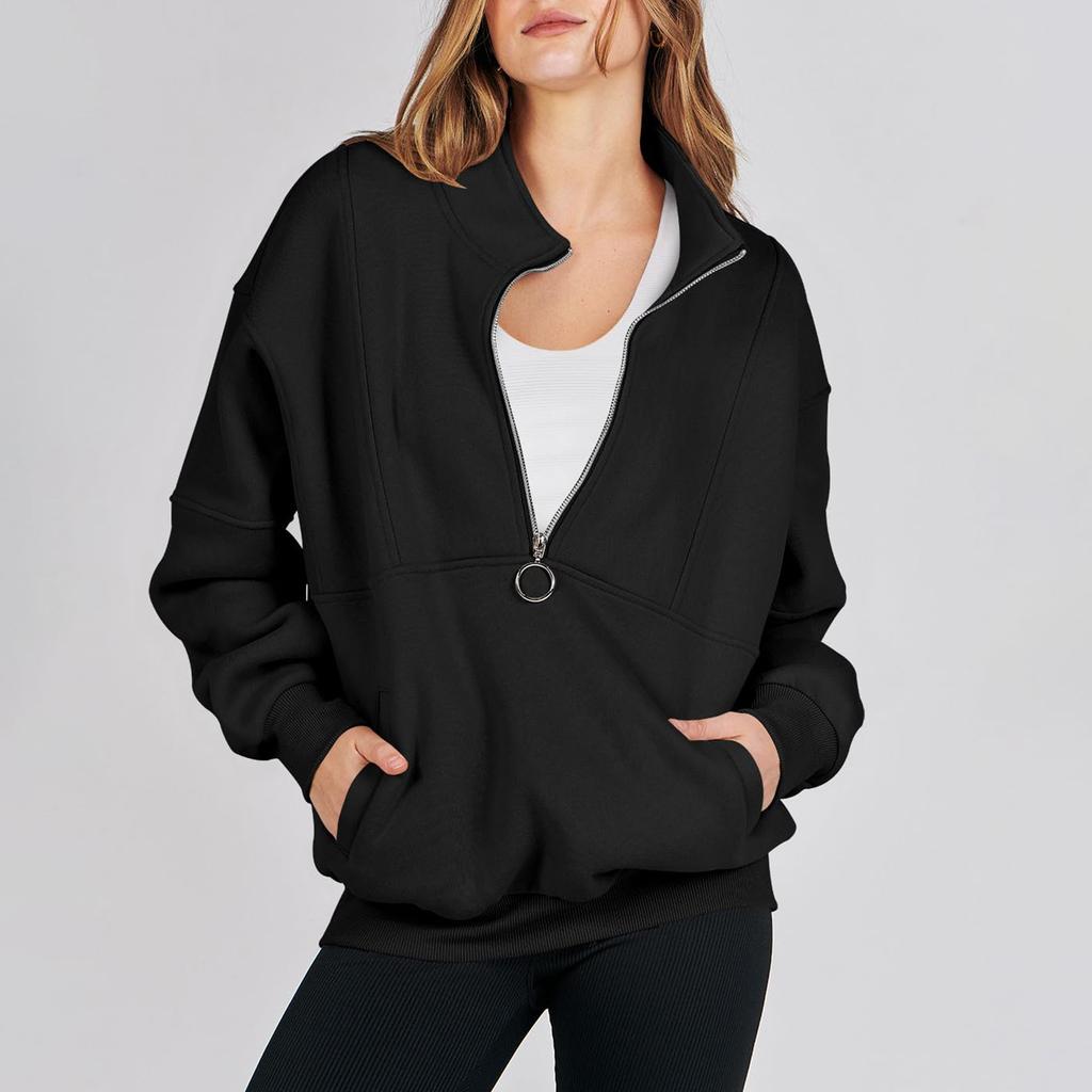 Женская мода сплошной цвет на молнии спортивный свободный пуловер с длинными рукавами толстовка Топ