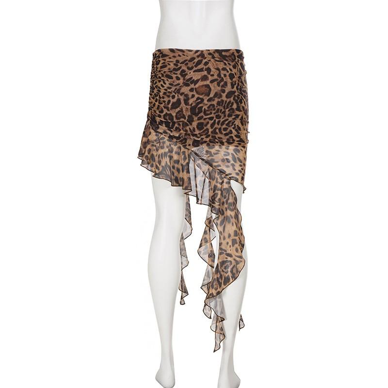 Sexy High Slit Leopard Print Long Skirt Vintage Irregular Mesh Party Young Women