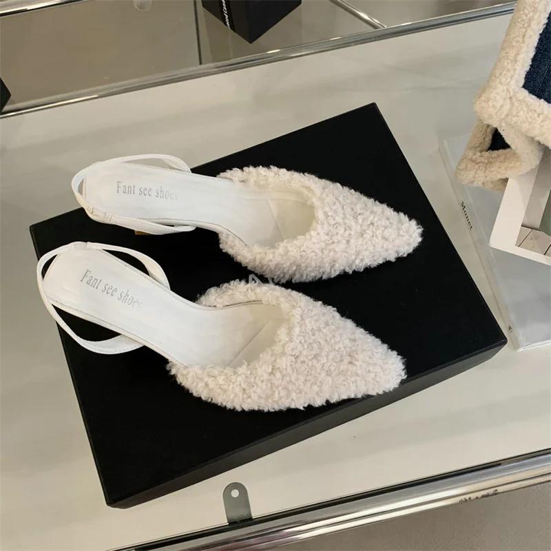 Мех Женские Туфли на Высоком Каблуке Острый Носок Модные Сексуальные Шлепанцы Новый Дизайнер Вечерние Туфли-Лодочки Роскошные Zapatillas Mujer