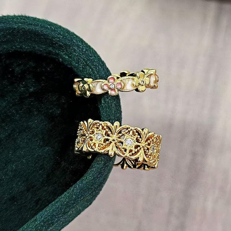 Medieval Vintage Enamel Oil Drop Four-Leaf Clover Hollow Rhombus Open Ring Court Style Retro Stacked Ring