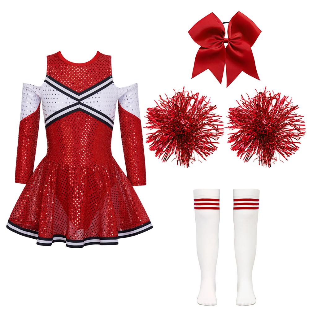 Girls Sparkling Cheerleading Outfit Off Shoulder Sequin Dress Long Sleeve Bow Headwear Hand Accessories Sport Socks